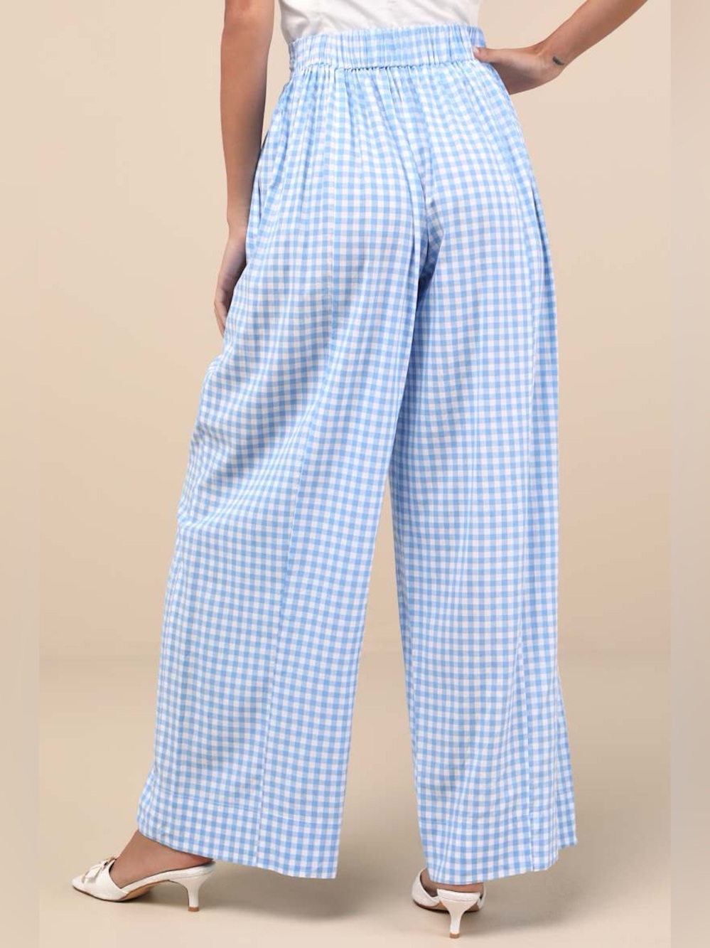 Delphine Blue and White Gingham Wide-Leg Pants - Picture 4 of 7